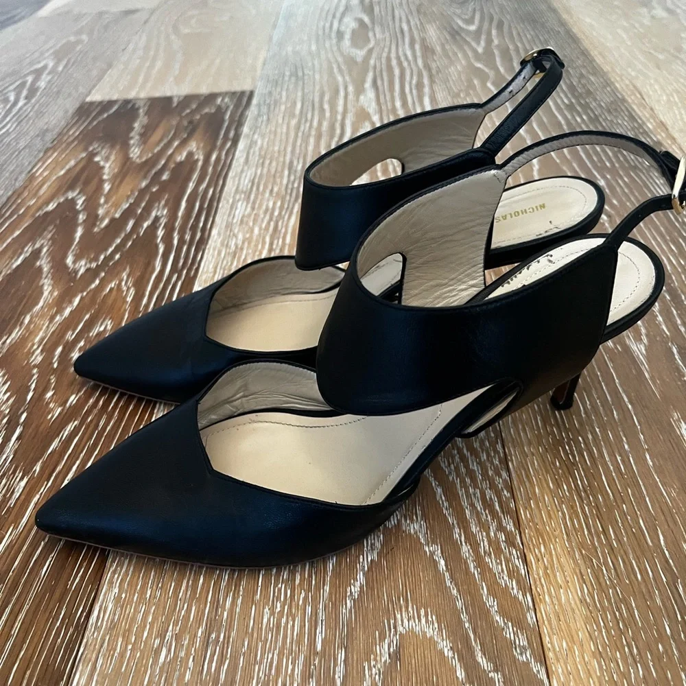 Nicholas Kirkwood Leda Black Leather Pointed Toe Wide Strap Pumps 39 1/2 - Picture 4 of 14